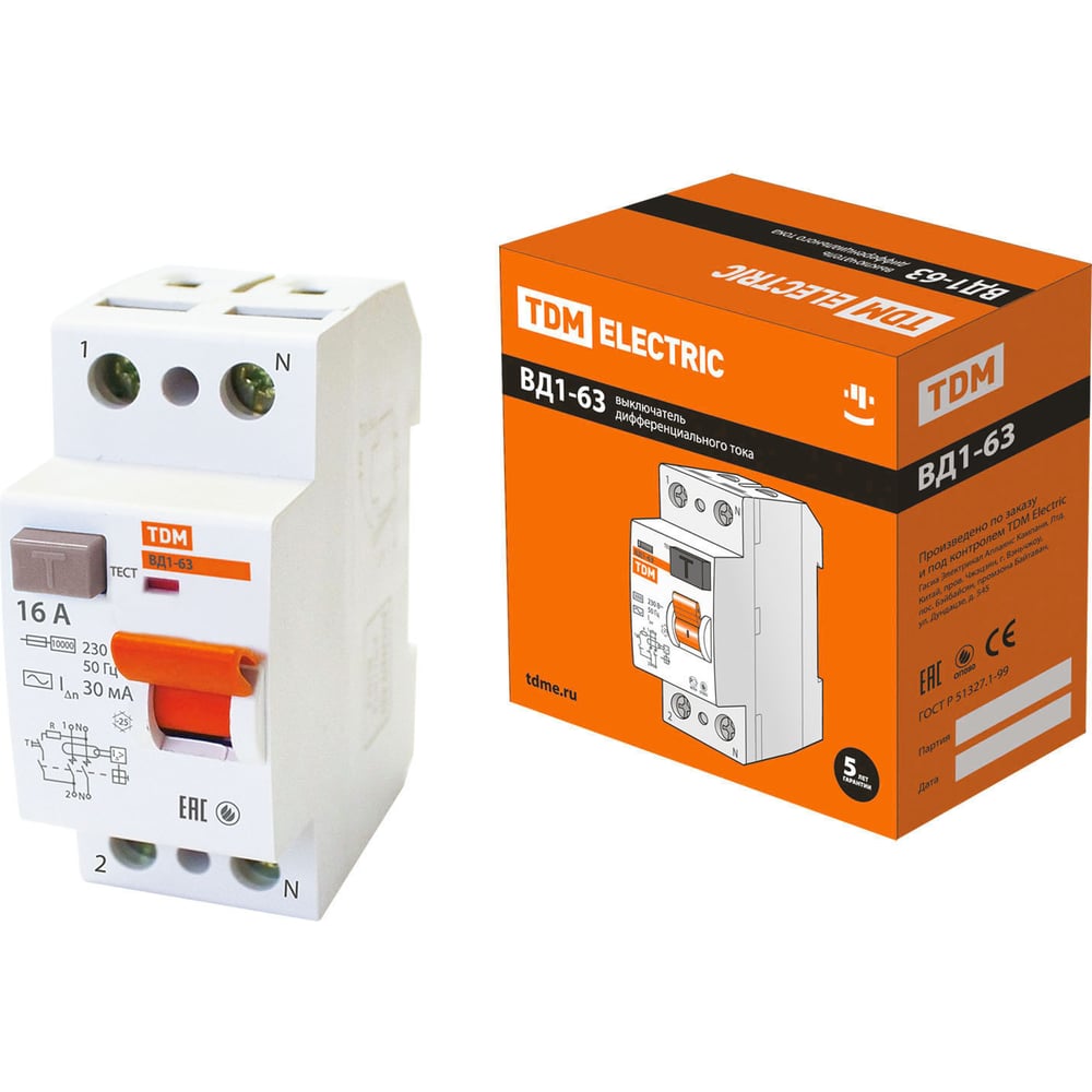 Устройство защитного отключения TDM ELECTRIC ВД1-63 2Р 16А 30мА SQ0203-0004