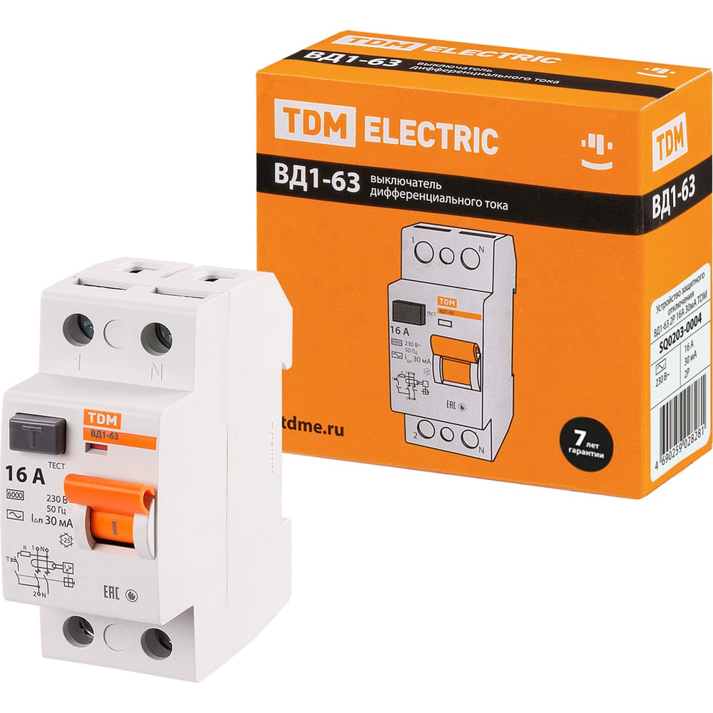 Устройство защитного отключения TDM ELECTRIC ВД1-63 2Р 16А 30мА SQ0203-0004