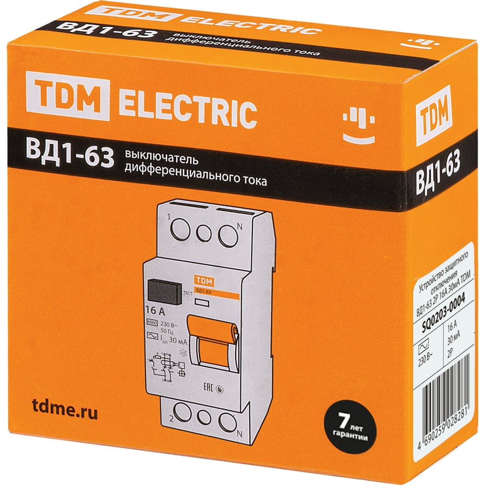 Устройство защитного отключения TDM ELECTRIC ВД1-63 2Р 16А 30мА SQ0203-0004