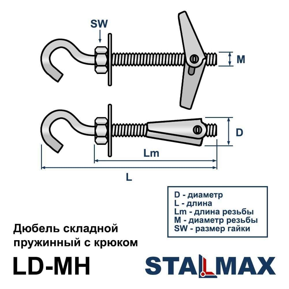 Дюбель STALMAX металлический LD-MH М8х100 складной пружинный с крюком (арт. 11639) оц. сталь (уп. 25 шт) 11639-023