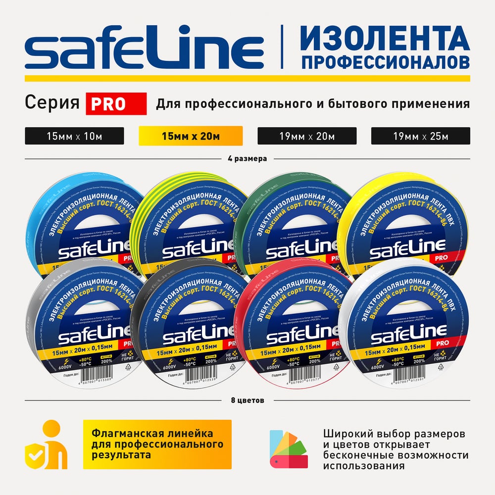 Изолента Safeline ПВХ 15мм х 20м синяя 9365
