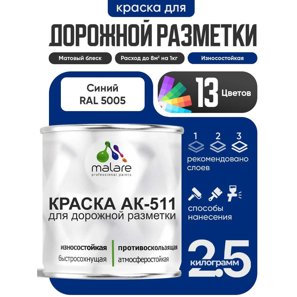 Краска MALARE АК-511 для дорожной разметки, синий, 2,5 кг КАК5115005М0250