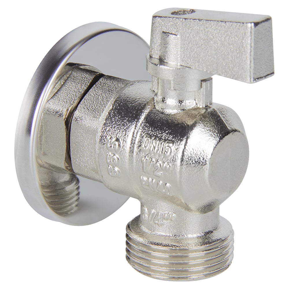 Кран шаровой для стиральной машины угловой TEBO НАР/НАР 1/2"х3/4" с отражателем T-КШ.С.555.1234.ХР.CN