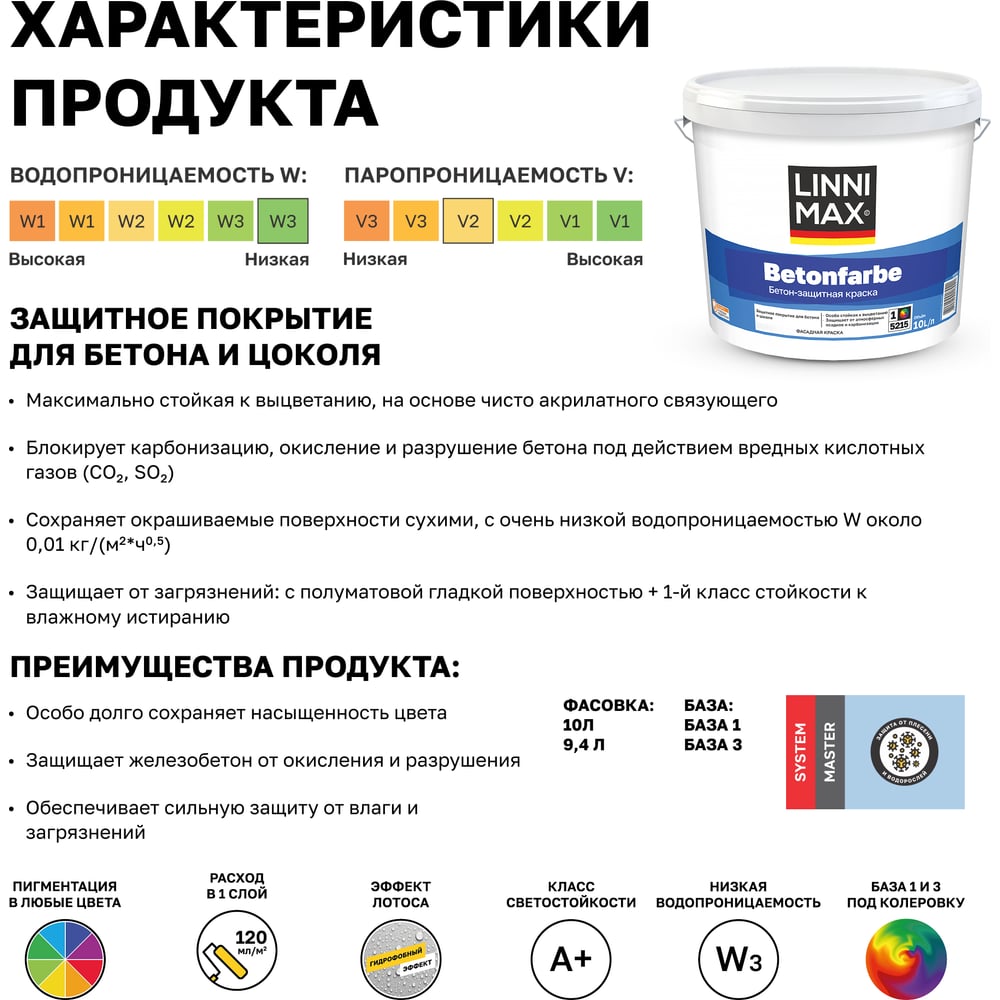 Краска водно-дисперсионная для наружных и внутренних работ LINNIMAX Betonfarbe База 1, 10 л 948105574