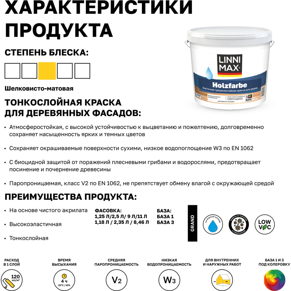 Краска водно-дисперсионная LINNIMAX Holzfarbe для наружных и внутренних работ База 1 9л 948105766