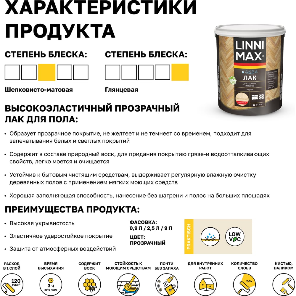 Аква лак для паркета и полов глянцевый LINNIMAX 2,5 л 948105331