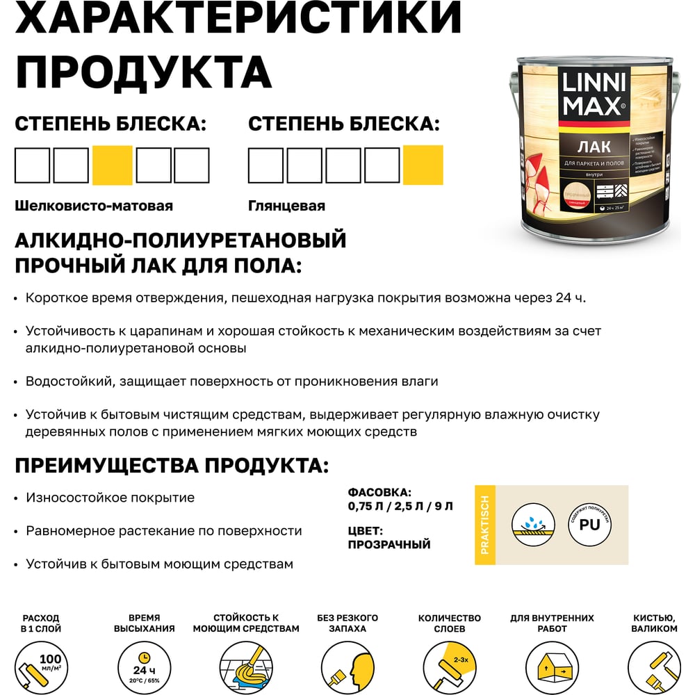 Алкидно-уретановый лак для паркета и полов LINNIMAX глянцевый 2,5 л 948105166