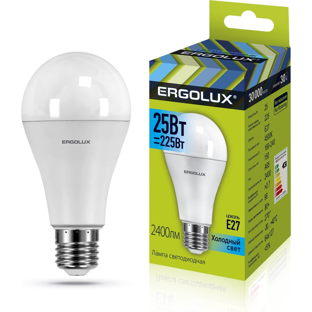 Светодиодная лампа Ergolux LED-A65-25W-E27-4K ЛОН, 25Вт, E27, 4500K, 180-240В 14236