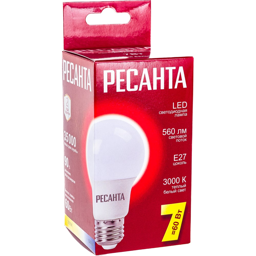 Светодиодная лампа Ресанта LL-R-A60-7W-230-3K-E27 (груша, 7Вт, тепл., Е27) 76/1/11