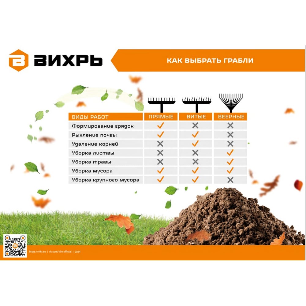 Грабли витые Вихрь 14 зубьев, сталь, с фибергласовым черенком 73/7/1/12