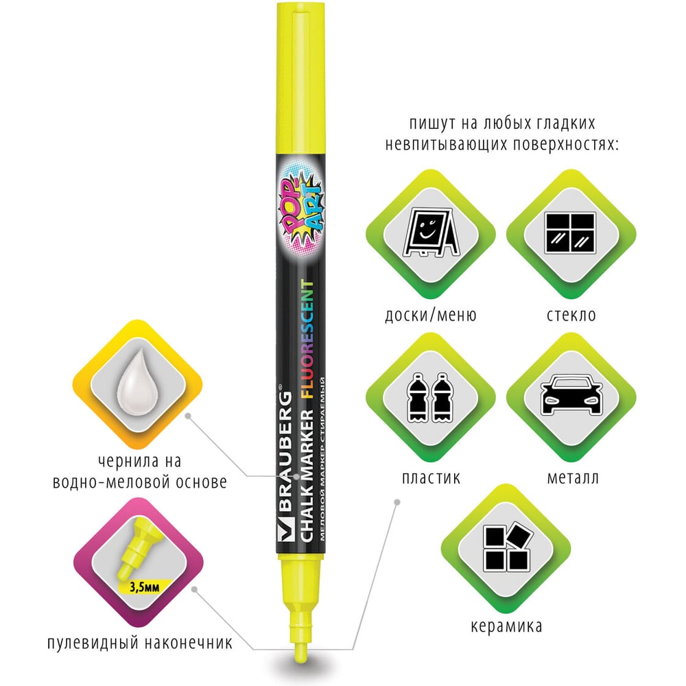 Сухостираемые меловые маркеры BRAUBERG POP-ART набор 6 шт, для гладких поверхностей, 3,5 мм, ассорти 151526