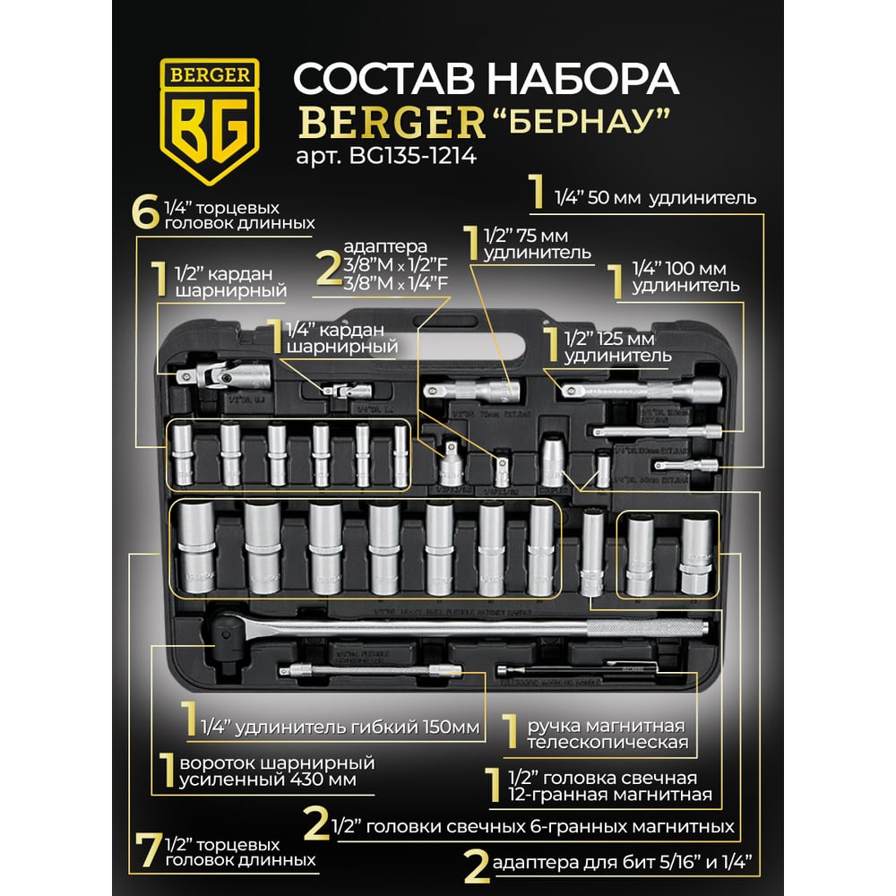 Универсальный набор инструментов 135 предметов Berger BG BG135-1214