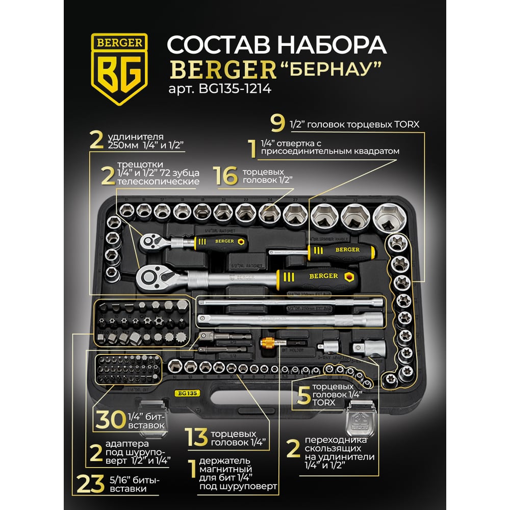 Универсальный набор инструментов 135 предметов Berger BG BG135-1214