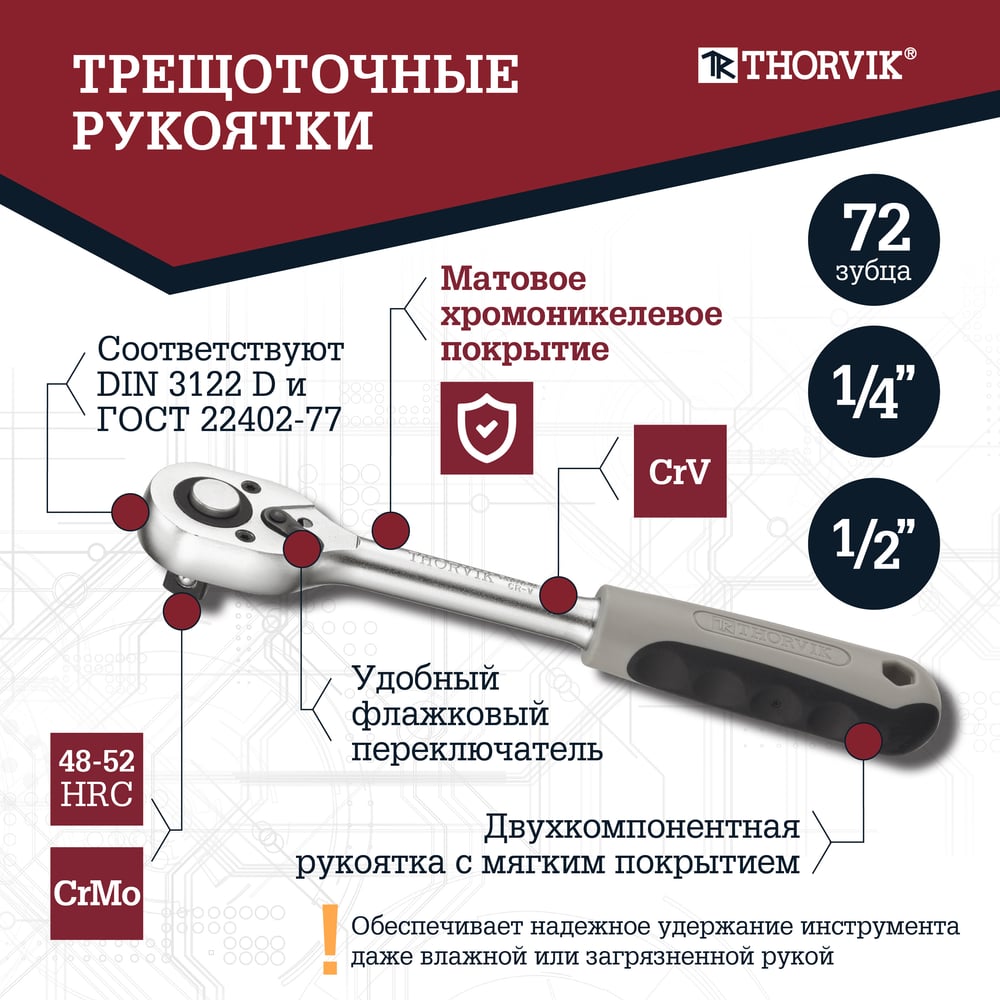Универсальный набор инструмента THORVIK TS082 1/4", 1/2DR, 82 предмета 054007