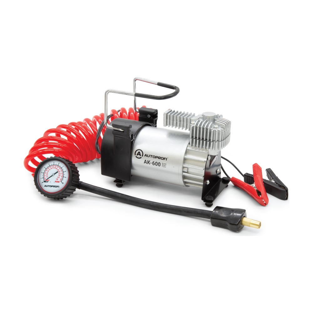 Воздушный компрессор AUTOPROFI 60 л./мин., 12v/23a, 280w, шланг 3 м., шнур питания 3 м., питание от акб, клапан для регулир. давления, набор из 4-х переходников для надувн. изделий, сумка AK-600