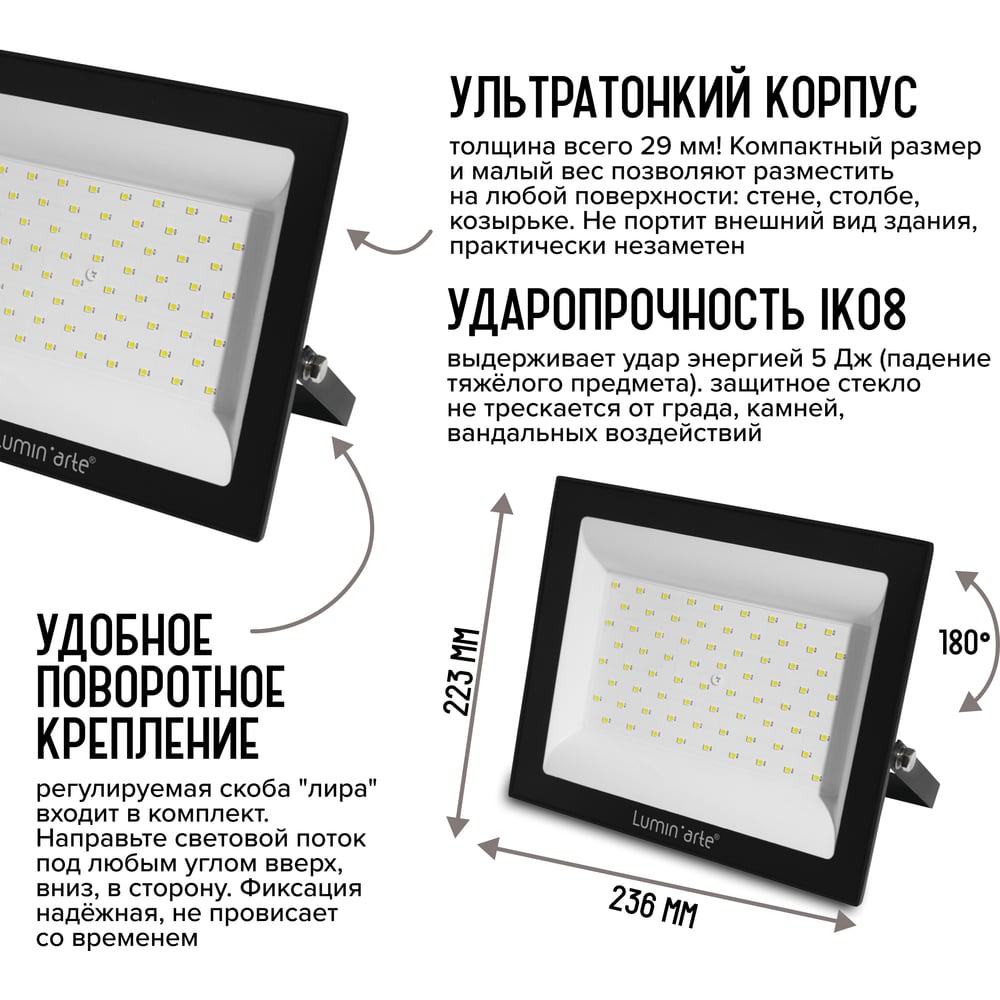 Светодиодный прожектор Lumin'arte 100вт 5700к ip65 8000лм черный LFL-100W/06