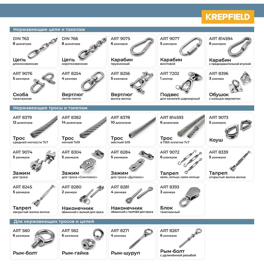 Трос нержавеющий KREPFIELD 8 мм, ART 8382 А4, мягкий, 100 м 8382А4ТРОС8ММ-100