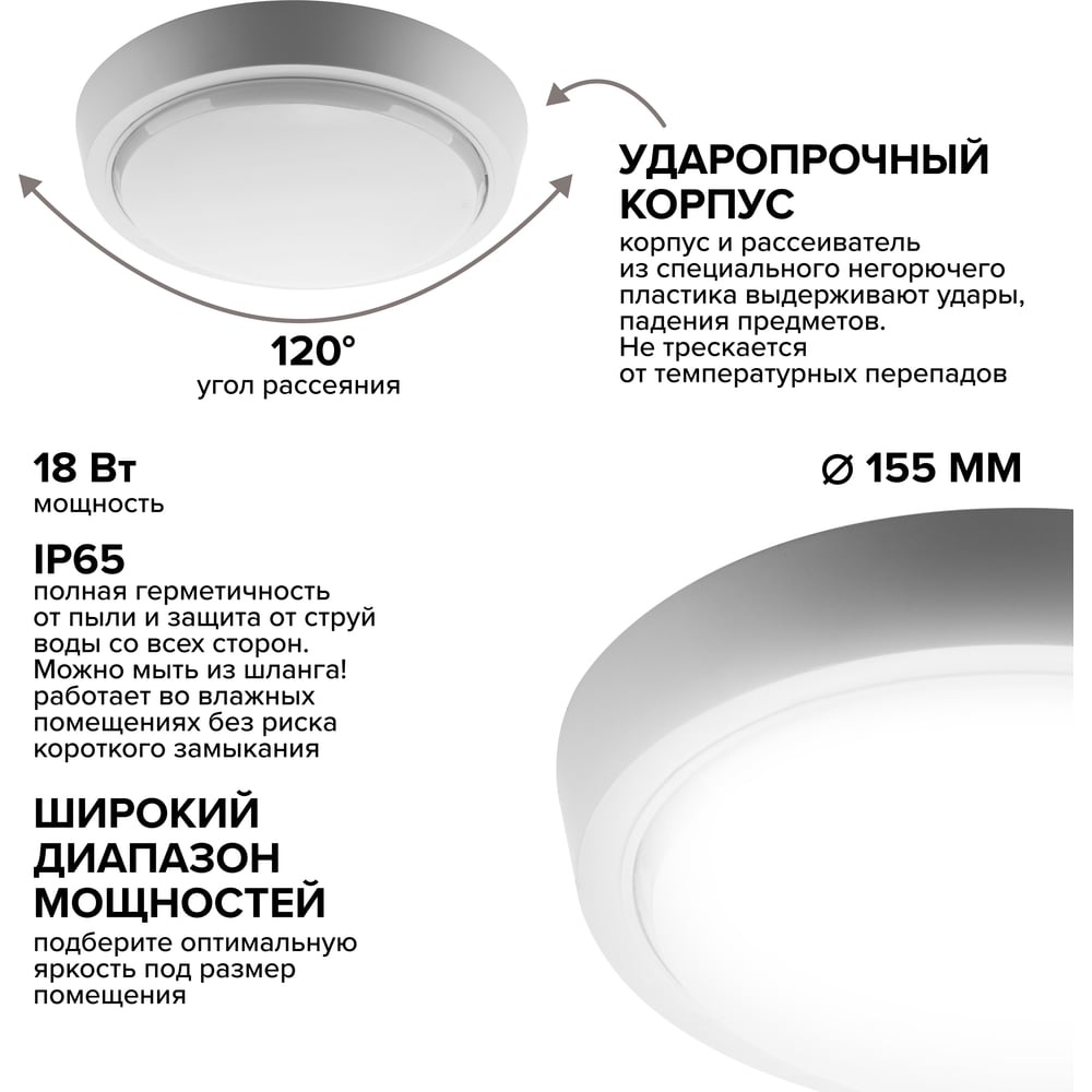 Светодиодный светильник Wolta 18Вт круг 6500K Холодный белый свет, IP65, 1440Лм LCL04-18W-R01-6K