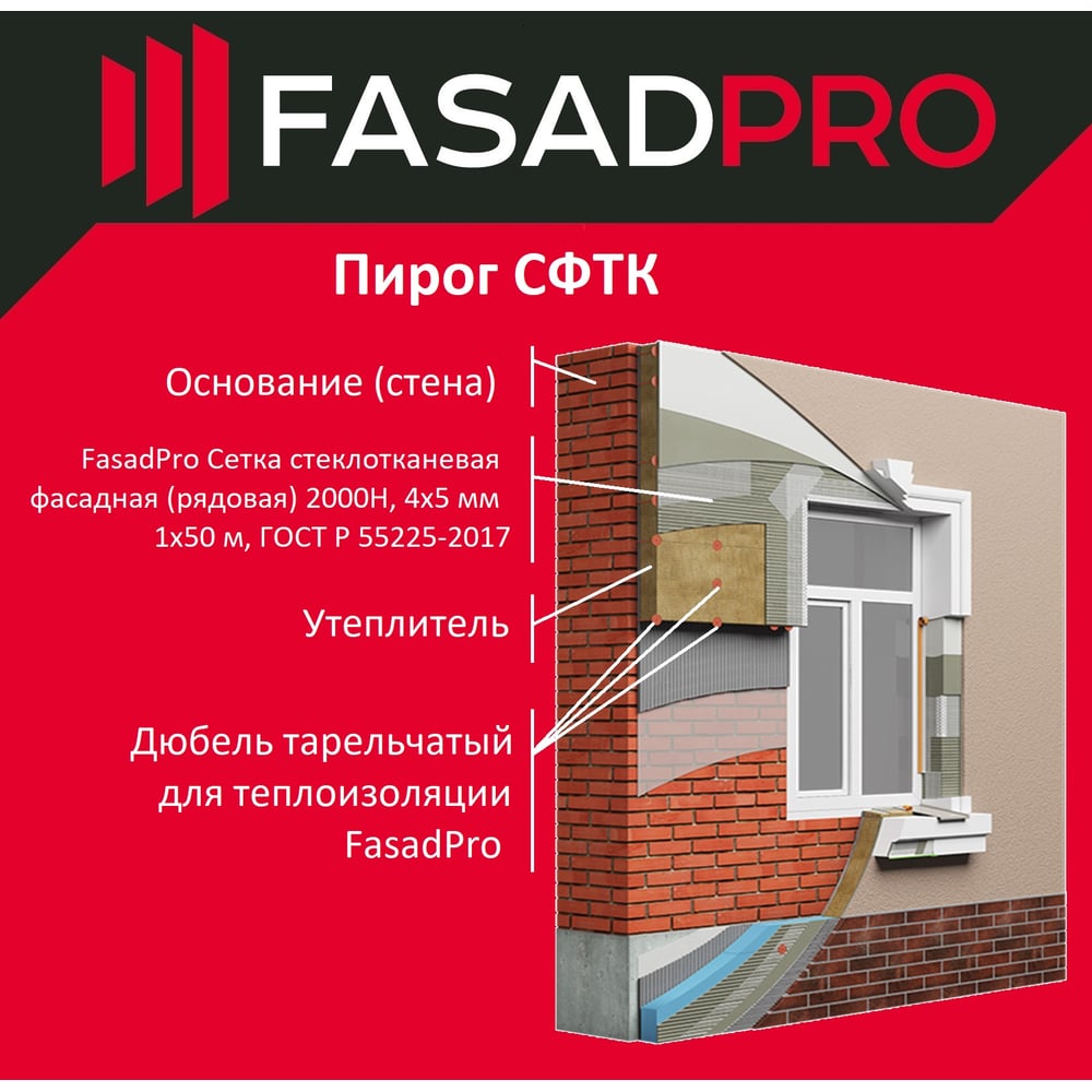 Стеклотканевая фасадная (рядовая) сетка FasadPro 4x5 мм, 1x50 м, 2000 Н, ГОСТ Р 55225-2017, 320119