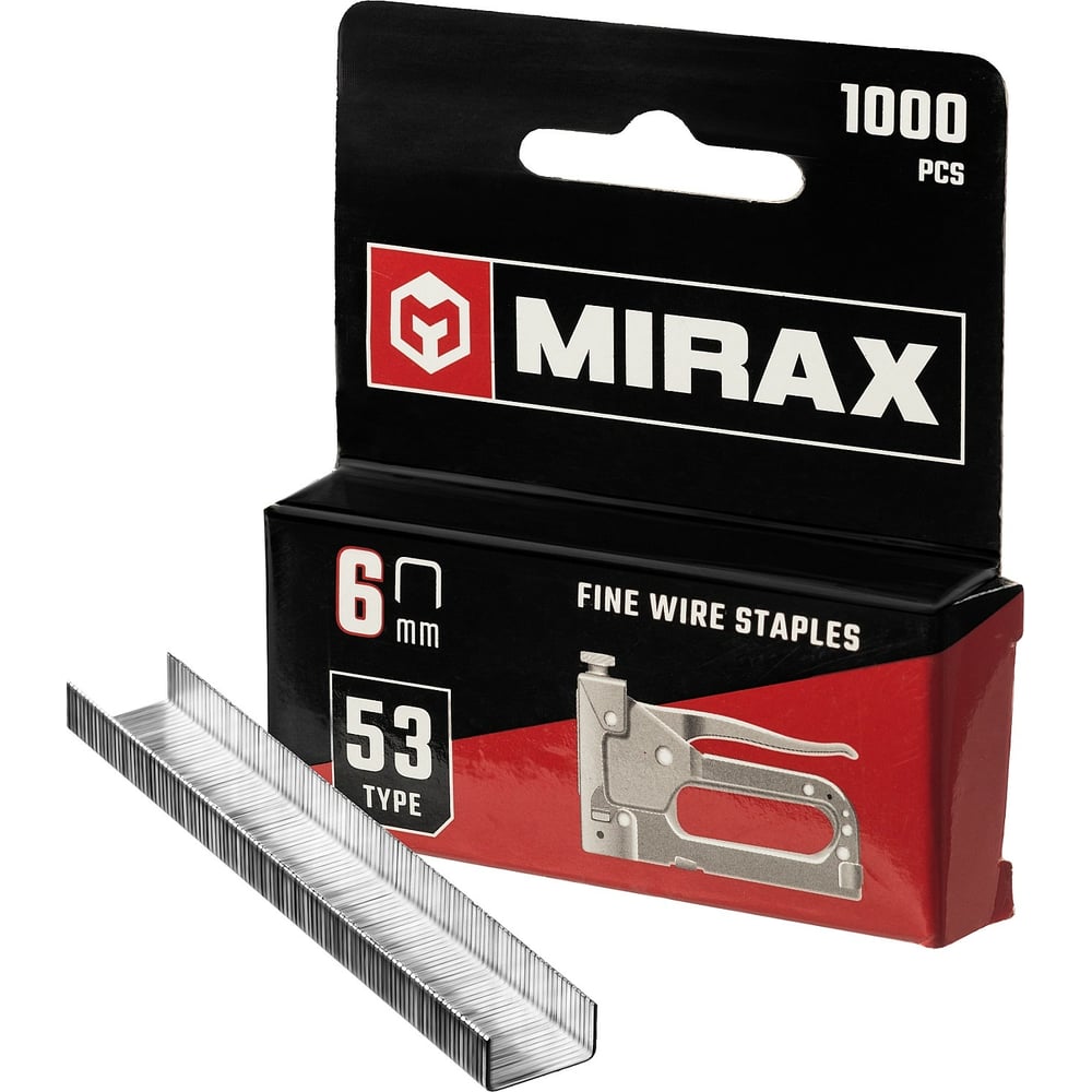 Скобы для степлера MIRAX тонкие 6 мм тип 53 (A /10 /JT21), закаленные, 1000 шт, 3153-06