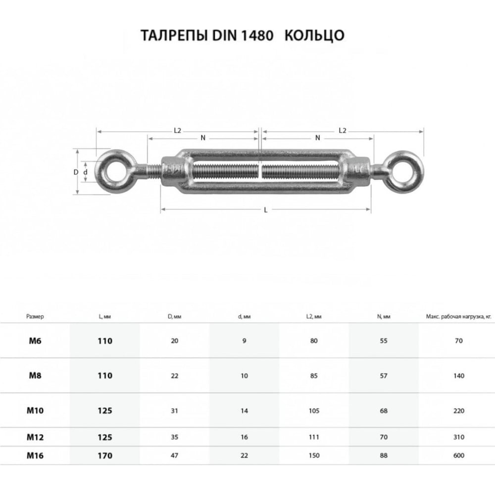 Талреп крюк-кольцо ТУНДРА krep DIN1480, М6, оцинкованный, 1 шт. 4428496