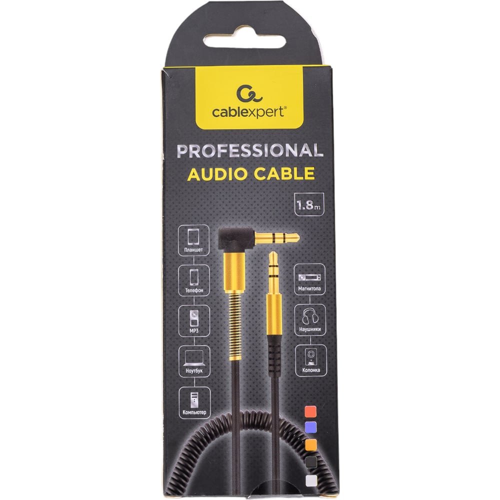 Спиральный аудио кабель Cablexpert Jack 3.5(M)/Jack 3.5(M), угловой, 1.8м, красный, коробка CCAB-02-35MMLC-1.8MR