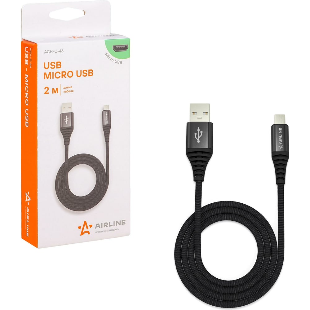 Кабель AIRLINE USB - micro USB 2м, черный нейлоновый ACH-C-46