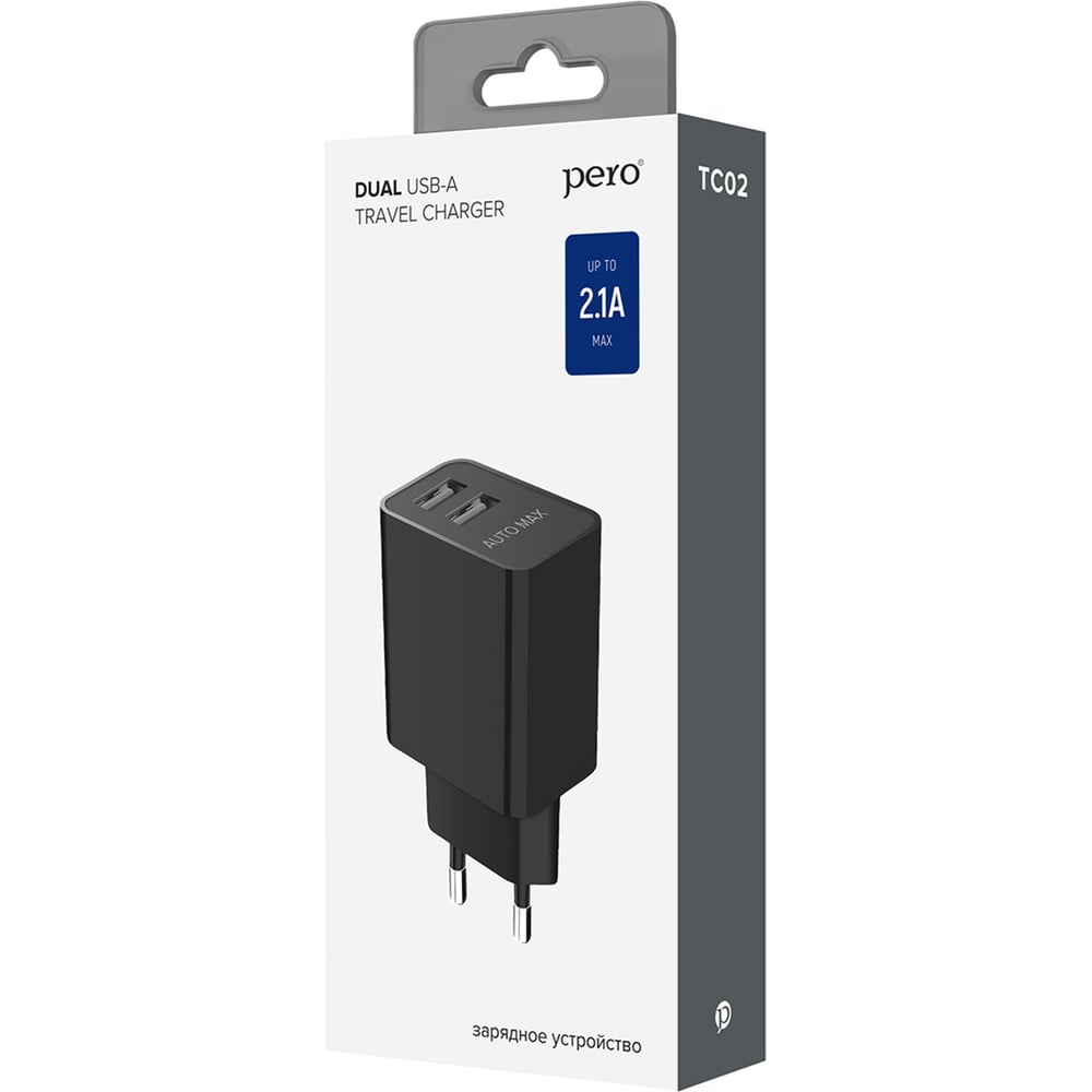 Сетевое зарядное устройство PERO TC02 2USB 2.1A черный ТС02BL2A