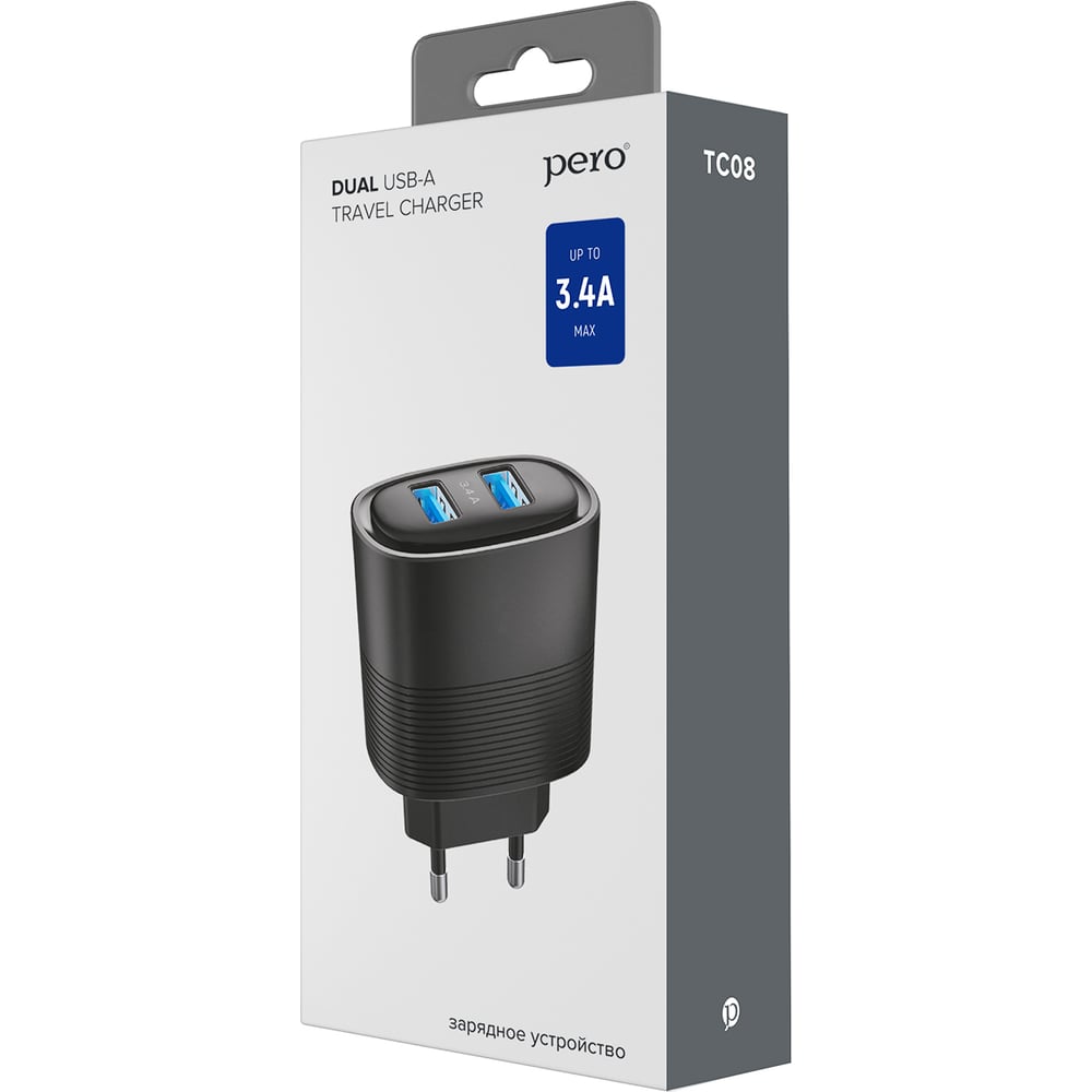 Сетевое зарядное устройство PERO TC08 AUTO MAX 2USB 3.4А черный ТС08BL