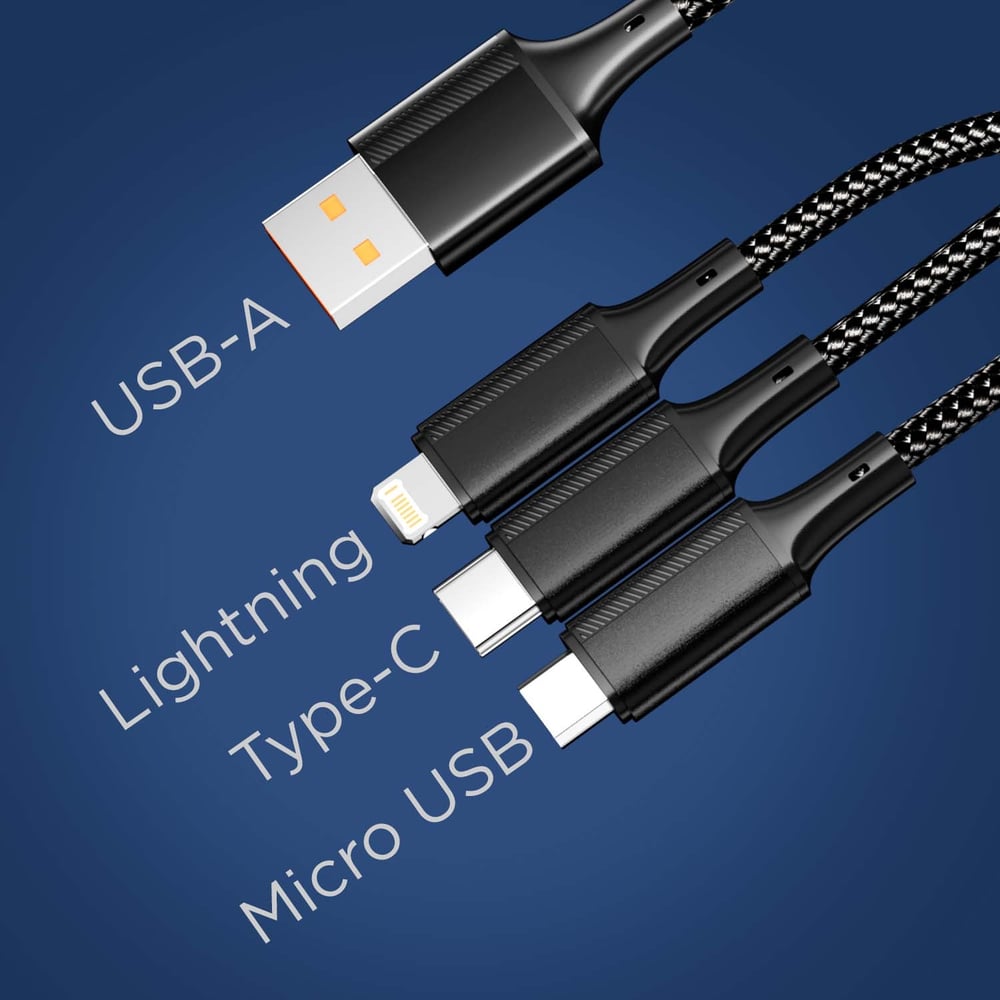 Кабель REXANT USB 3в1 Type-С (6A), Lightning (2,4A), micro USB (3A) 1,2м, черный 18-7075