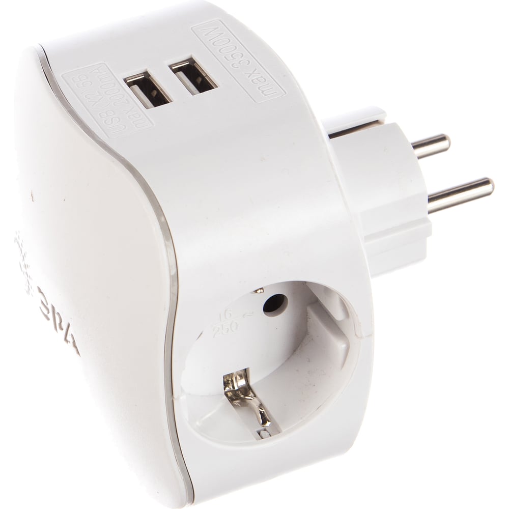 Тройник ЭРА SP-3e-USB-2A 3гн 220V + 2xUSB 2000mA, c заземлением, белый Б0015243
