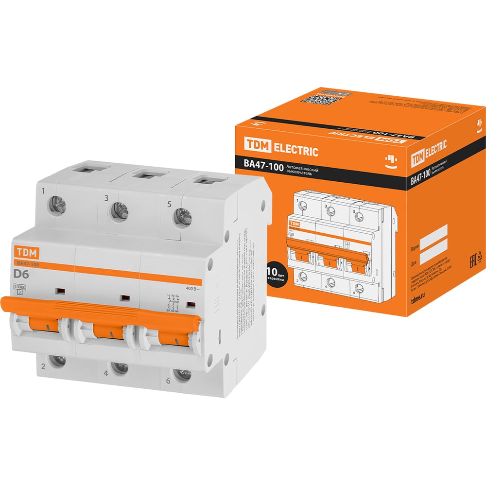Автоматический выключатель TDM ELECTRIC ВА47-100 3Р 6А 10кА х-ка D SQ0207-0142