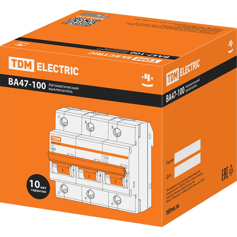 Автоматический выключатель TDM ELECTRIC ВА47-100 3Р 6А 10кА х-ка D SQ0207-0142