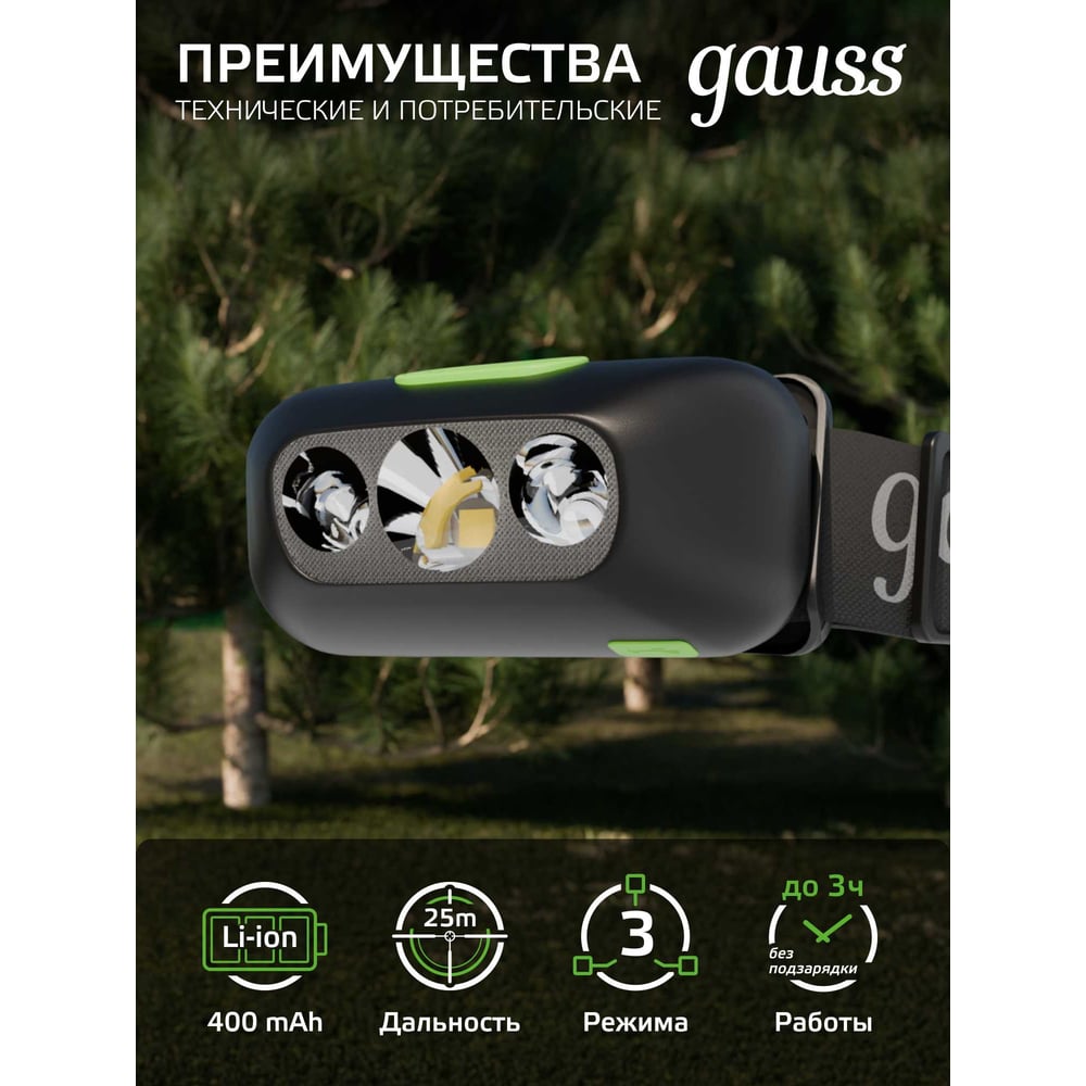 Фонарь Gauss налобный модель GFL410 3W 80lm Li-ion 400mAh LED GF410