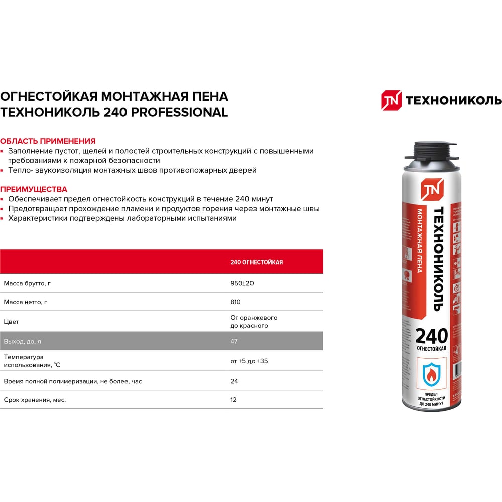 Монтажная пена Технониколь 240 PROFESSIONAL огнестойкая 1000 мл TN528380