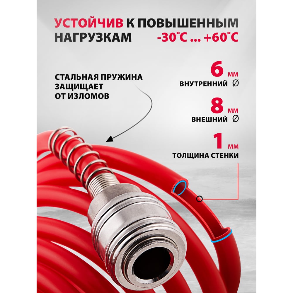 Шланг спиральный воздушный с быстросъемными соединениями (10 м 6х8 мм 18 бар) MATRIX 57004