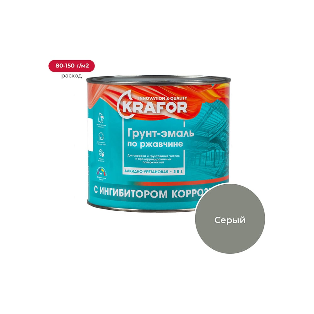 Грунт-эмаль по ржавчине Krafor серая 1.9 кг 6 26693