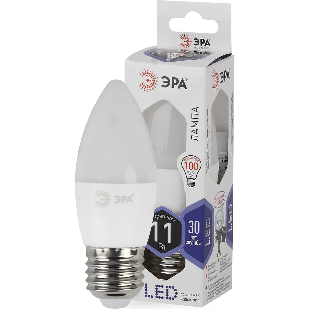 Светодиодная лампа ЭРА LED B35-11W-860-E27 диод, свеча, хол Б0032985
