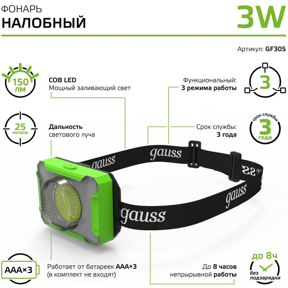 Налобный фонарь Gauss 3W 150lm 3xAAA LED GF305