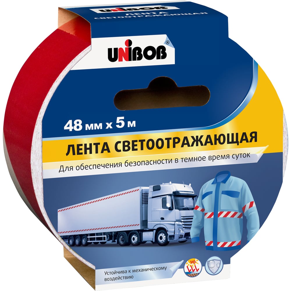 Клейкая лента UNIBOB разметочная, светоотражающая, 48 мм х 5 м, Красно Белая 214946