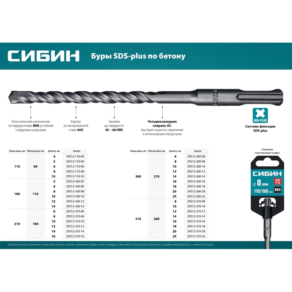 Бур (25х310 мм; SDS-plus) СИБИН 29312-310-25