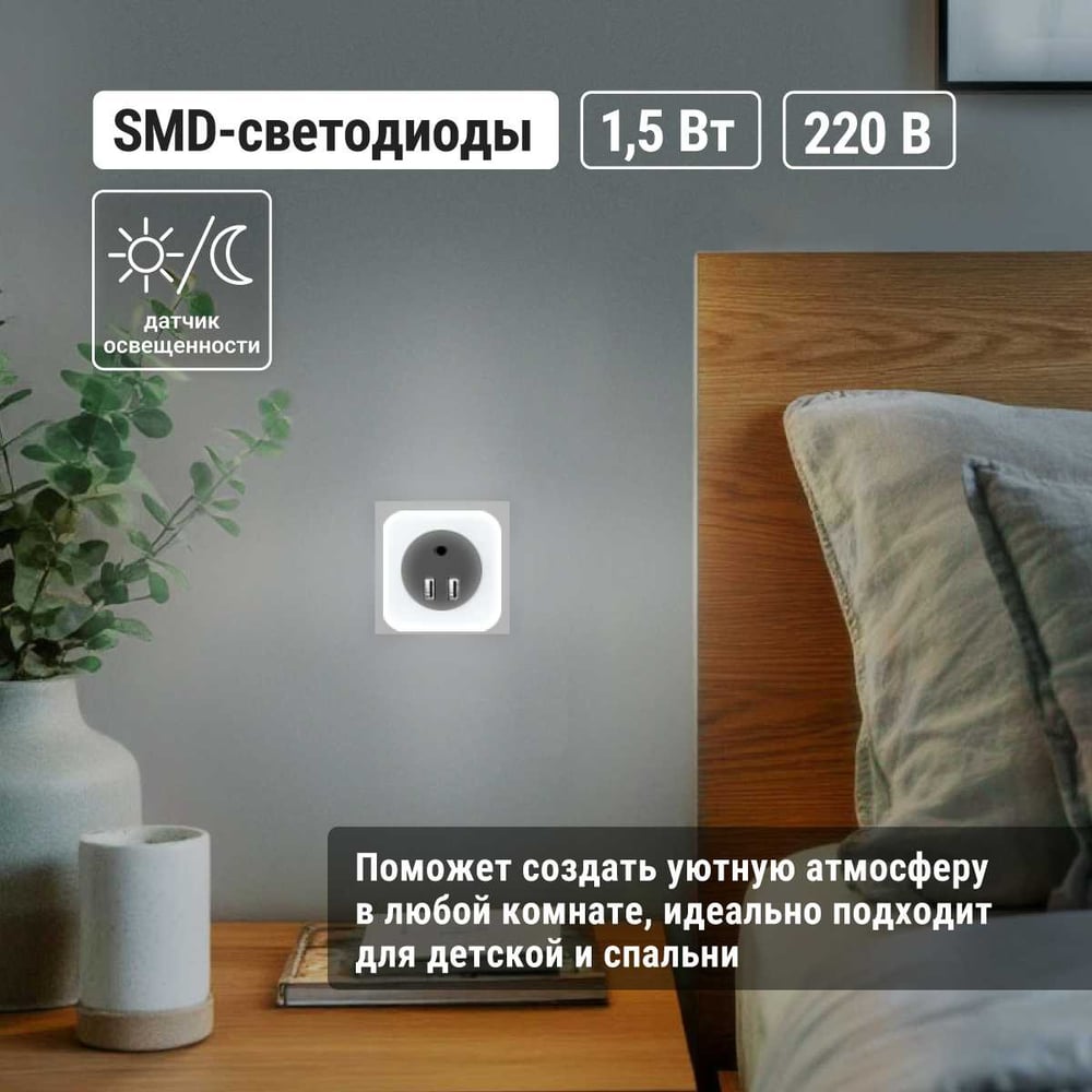 Ночник TDM ELECTRIC Комбо 3", 8LED, 80 лм, датчик освещения, 2 хUSB 2,1 А, 220 В, SQ0357-0038"