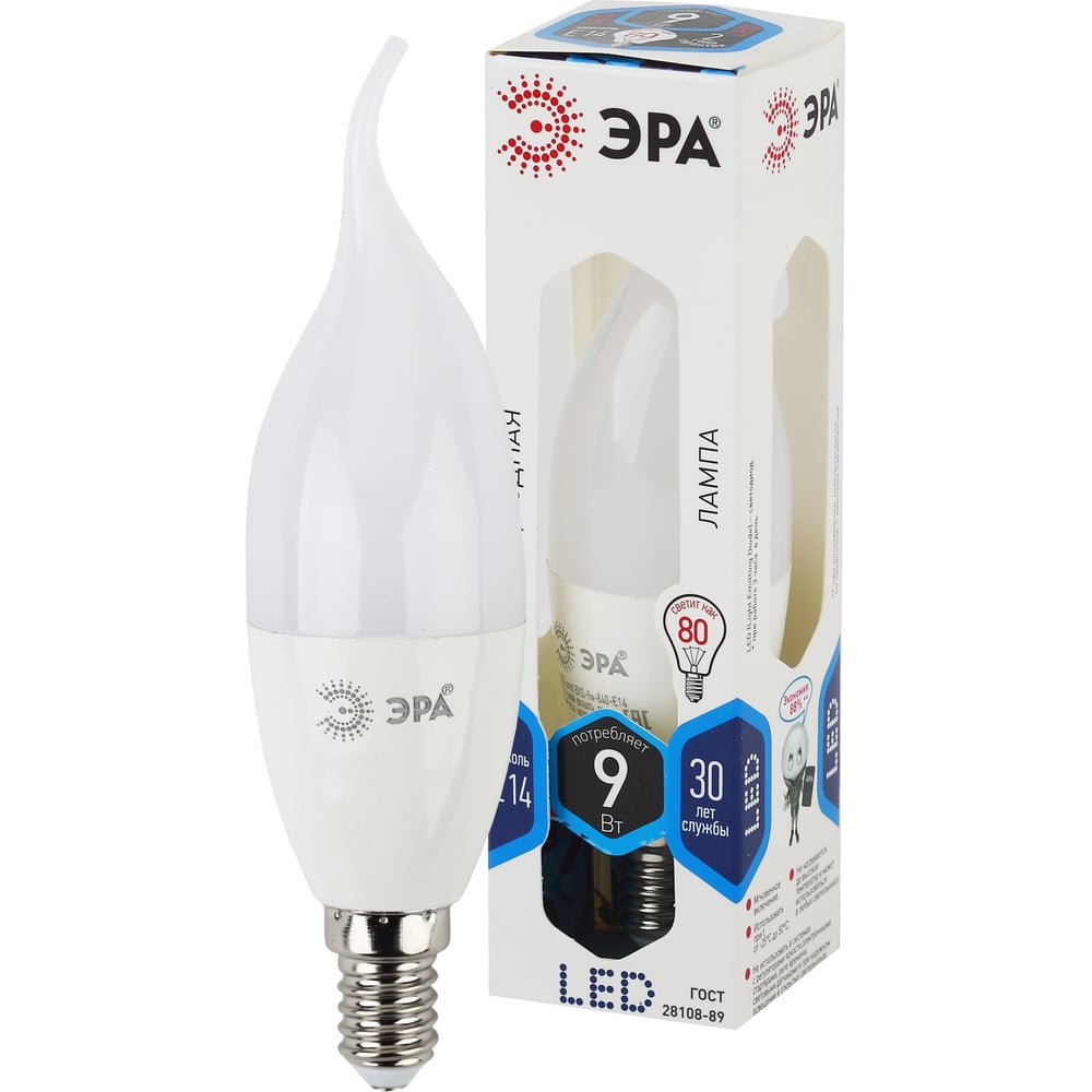 Светодиодная лампа ЭРА LED BXS-9W-840-E14, свеча на ветру, нейтральный Б0027974